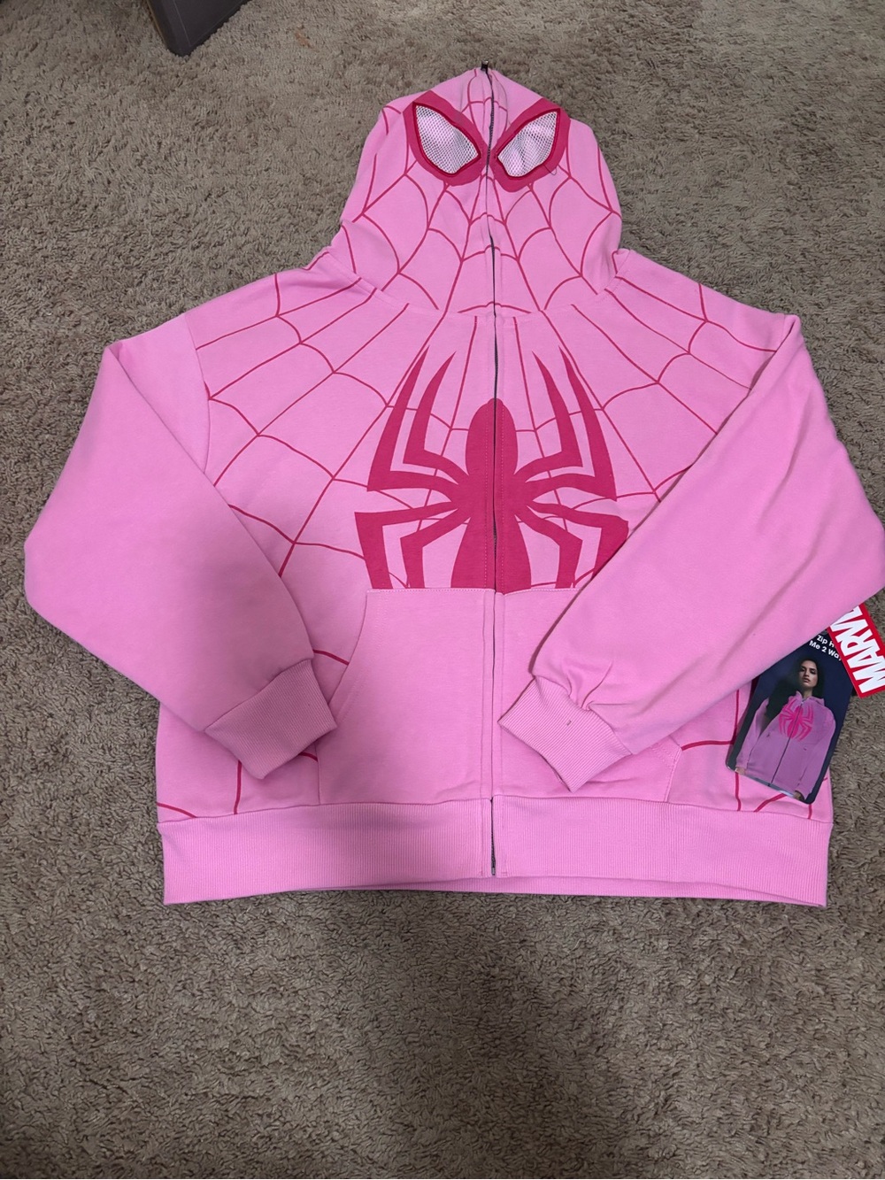 Pink Spider-Man zip-up hoodie with red spider graphic #spiderman #marvel women’s
